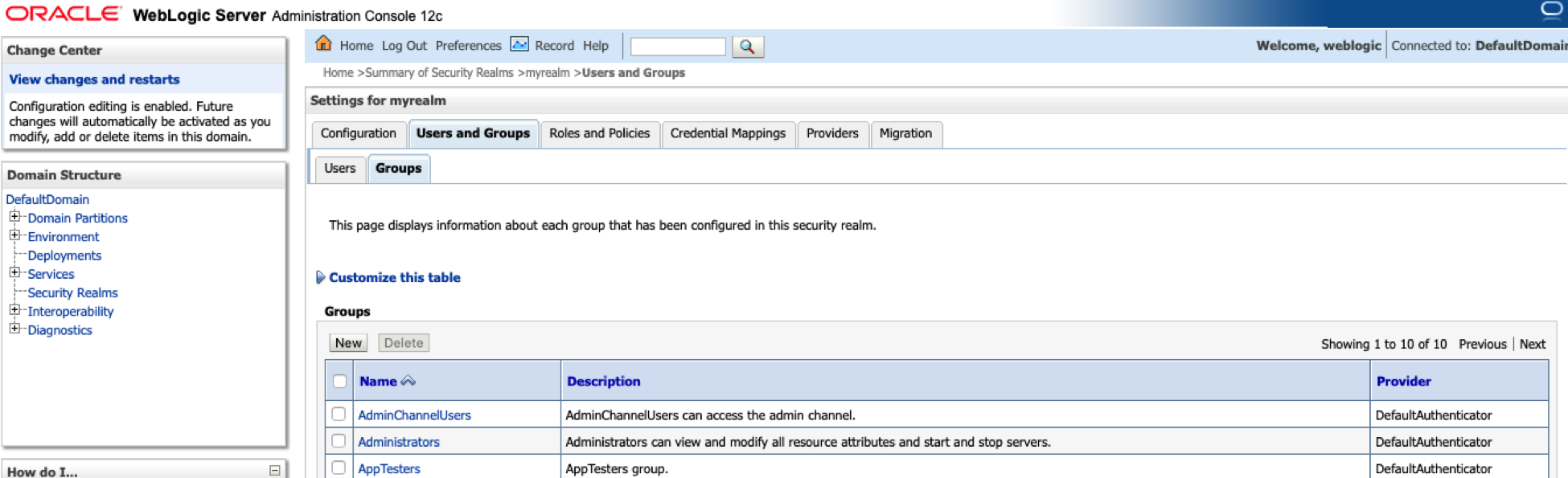 Creating new user groups in WebLogic Server