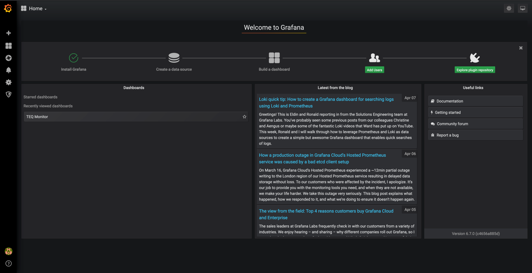 The Grafana Welcome Page is displayed